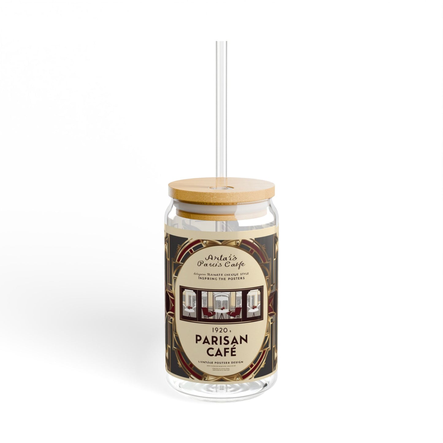 Verre Sipper Vintage Parisien - avec Couvercle en Bambou et Paille Élégante