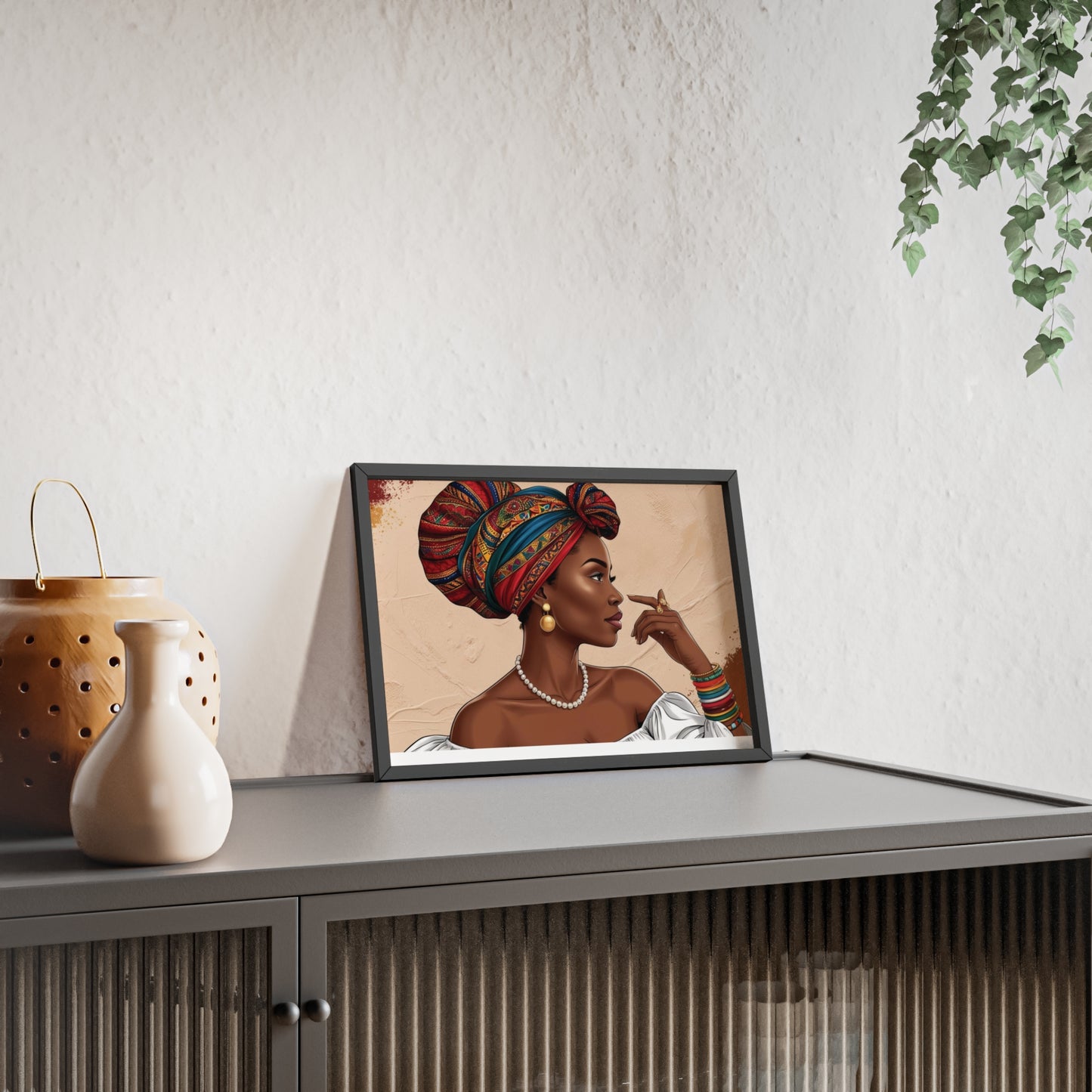 Elegant African Woman Poster with Wooden Frame - Cultural Art Decor