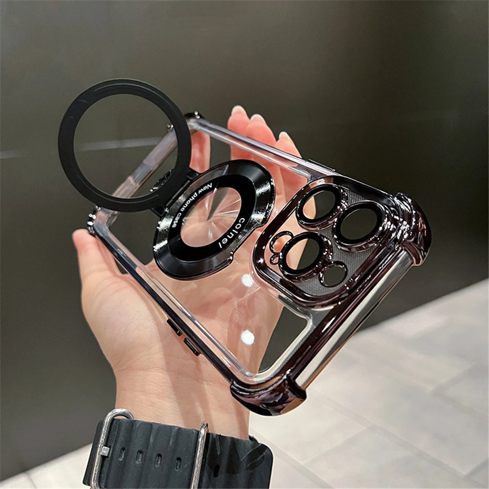 Étui Transparent Magnétique Luxe avec Support Anneau - Protection Antichoc Compatible iPhone 11 à 16 Pro Max avec Charge Sans Fil MagSafe