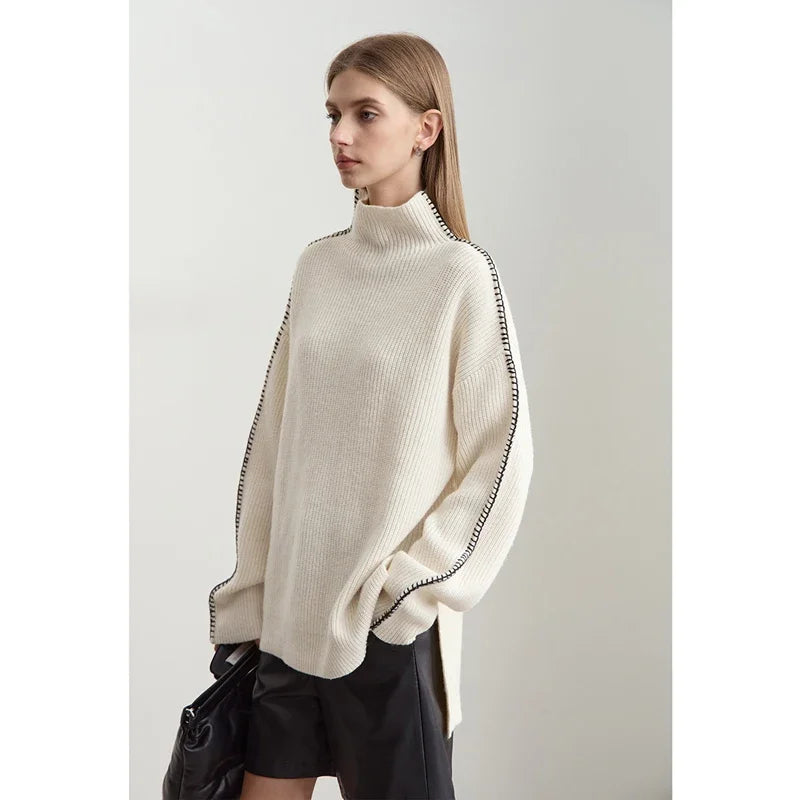 hiver vêtements pour femmes col roulé contraste coquille brodé à manches longues pull pull ample haut tricoté