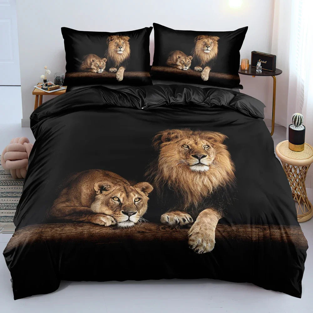 Ensemble de Housse de Couette Lion Noir – Design Puissant et Élégant