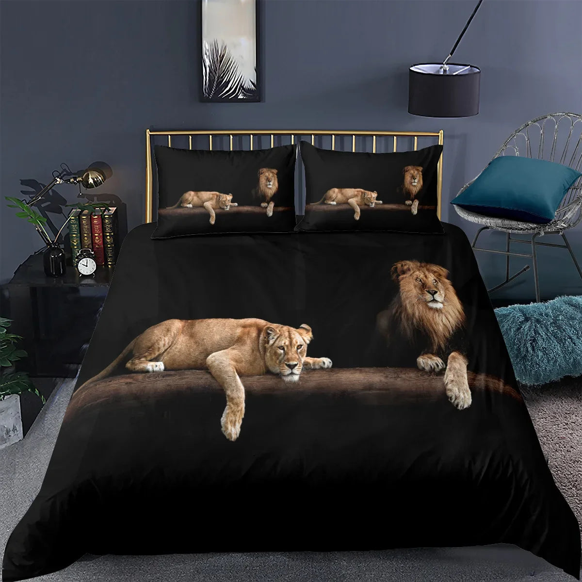 Ensemble de Housse de Couette Lion Noir – Design Puissant et Élégant