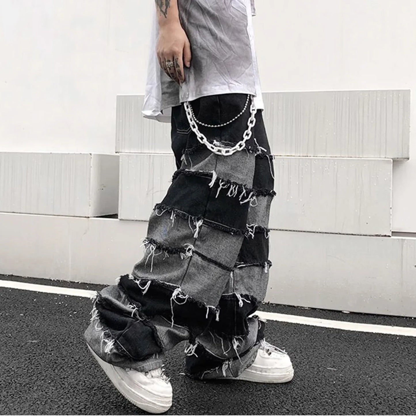 🔥 Jeans Homme Wide Leg Patchwork – Style Hip Hop & Grunge Décontracté